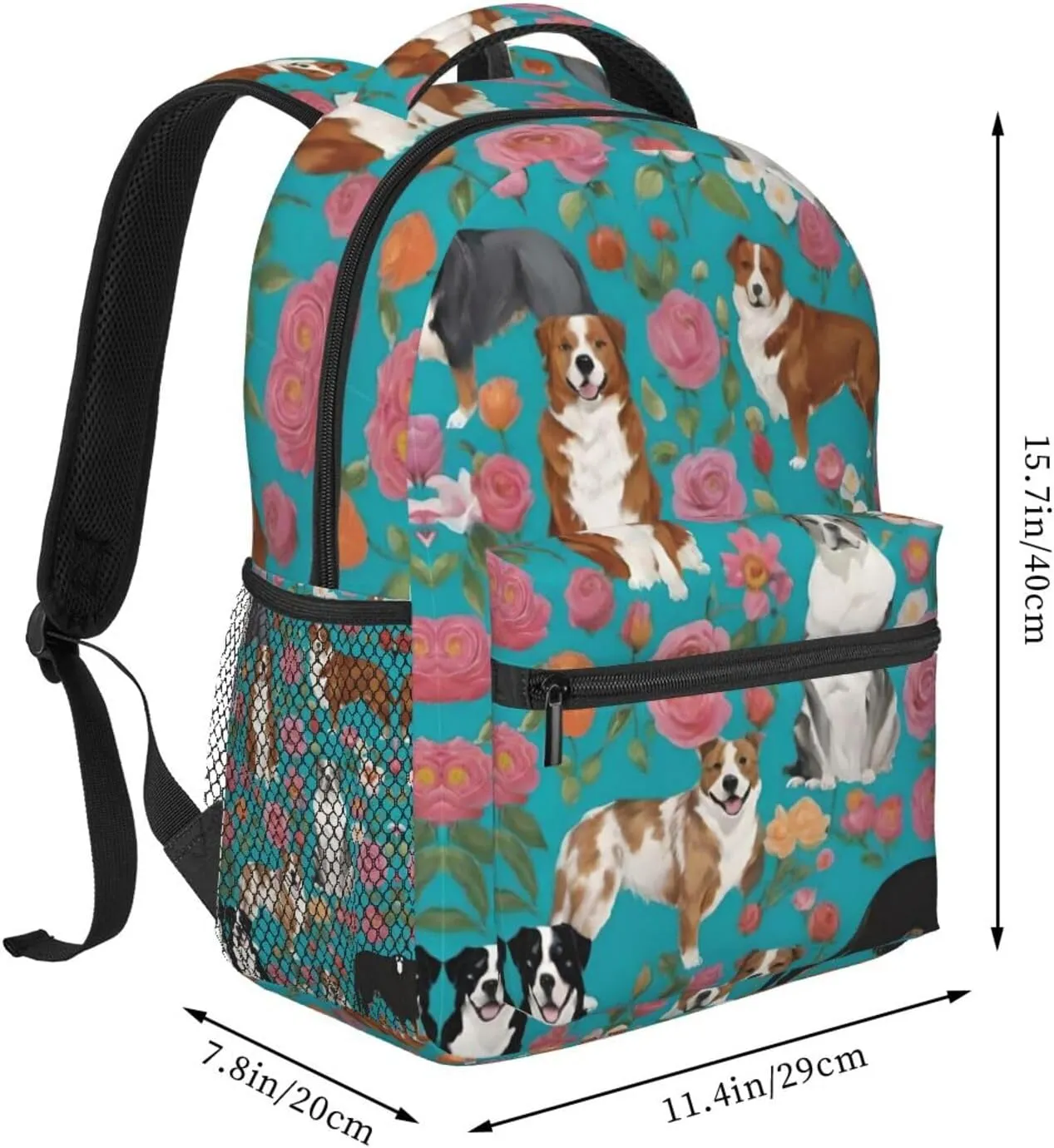 Women Men Polyester Australian Shepherd Dogs Flowers Art Casual Daypack Large Capacity Bookbag With Side Pockets for Sports Picnic Walking Cycling