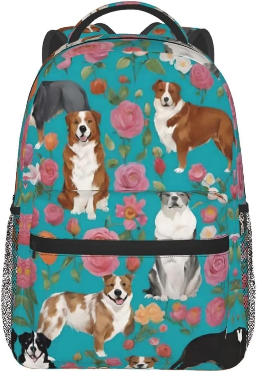 Women Men Polyester Australian Shepherd Dogs Flowers Art Casual Daypack Large Capacity Bookbag With Side Pockets for Sports Picnic Walking Cycling