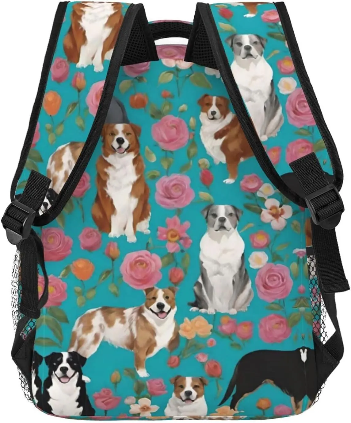 Women Men Polyester Australian Shepherd Dogs Flowers Art Casual Daypack Large Capacity Bookbag With Side Pockets for Sports Picnic Walking Cycling