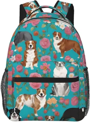 Women Men Polyester Australian Shepherd Dogs Flowers Art Casual Daypack Large Capacity Bookbag With Side Pockets for Sports Picnic Walking Cycling