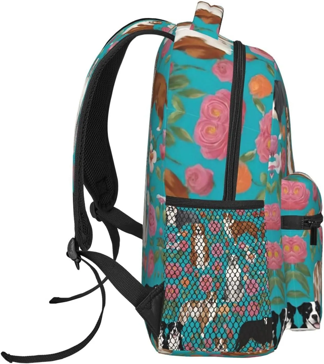 Women Men Polyester Australian Shepherd Dogs Flowers Art Casual Daypack Large Capacity Bookbag With Side Pockets for Sports Picnic Walking Cycling