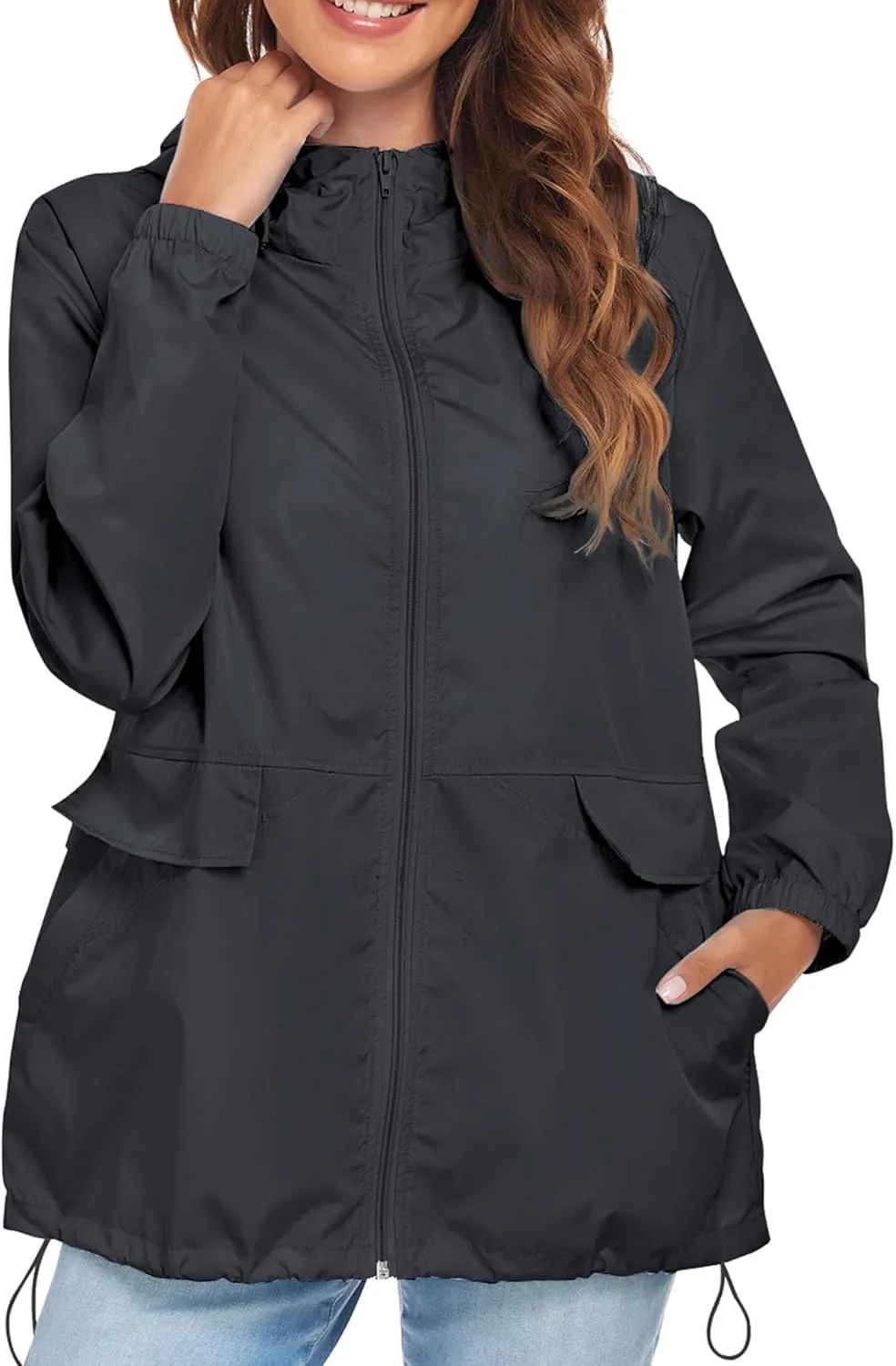 Women's Lightweight Raincoat Waterproof Packable Outdoor Windproof Hooded Active Rain Jacket S-XXL
