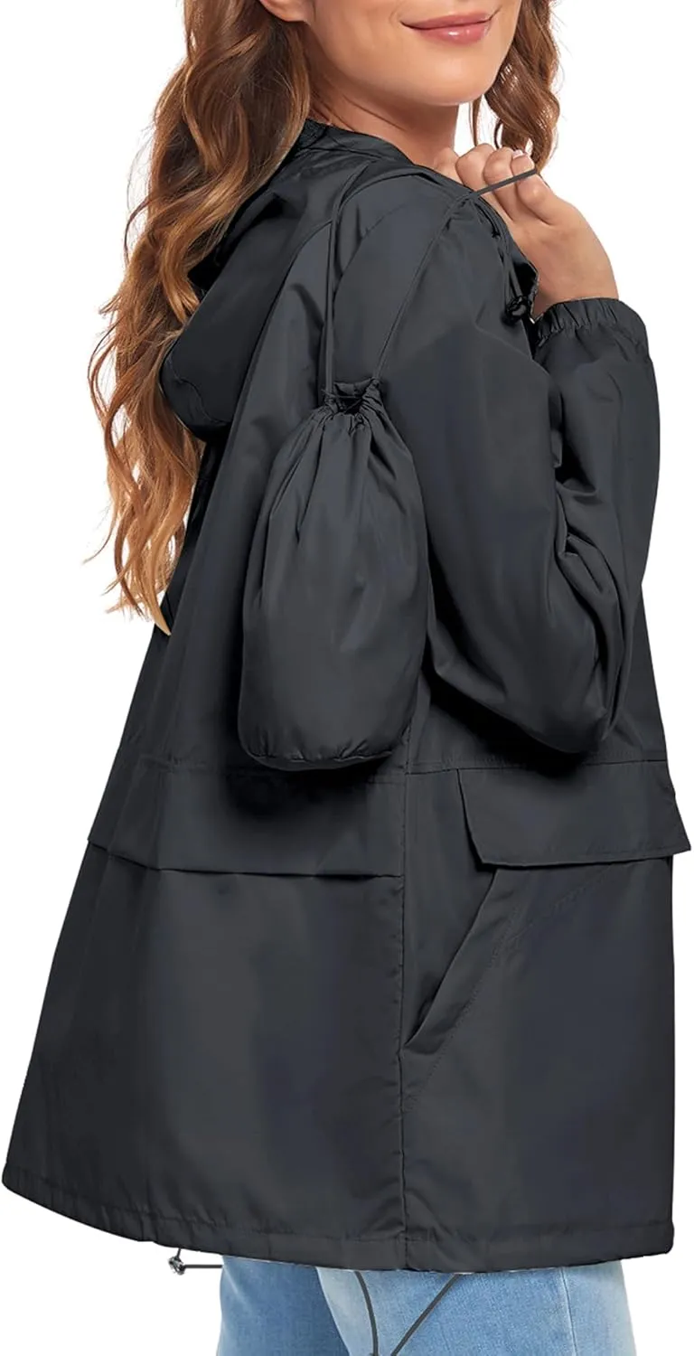 Women's Lightweight Raincoat Waterproof Packable Outdoor Windproof Hooded Active Rain Jacket S-XXL