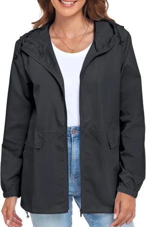 Women's Lightweight Raincoat Waterproof Packable Outdoor Windproof Hooded Active Rain Jacket S-XXL