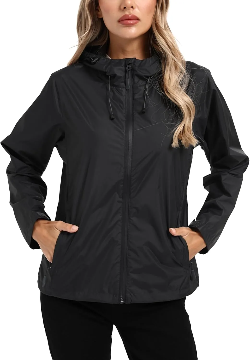 Women's Rain Jacket Lightweight Waterproof Rain Coat with Hooded Windproof Adjustable Windbreaker