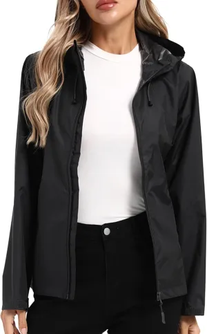 Women's Rain Jacket Lightweight Waterproof Rain Coat with Hooded Windproof Adjustable Windbreaker
