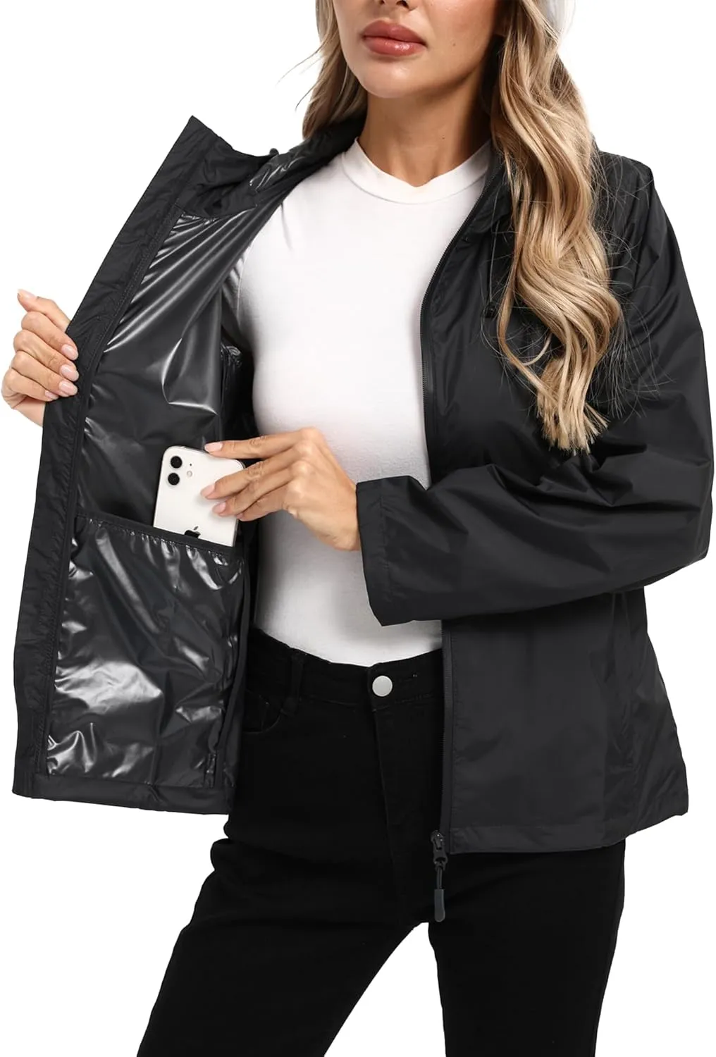 Women's Rain Jacket Lightweight Waterproof Rain Coat with Hooded Windproof Adjustable Windbreaker