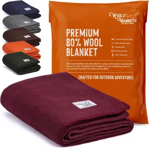 Woolly Mammoth Merino Wool Blanket - Large 66" x 90", 4LBS Camp Blanket | Cabin Throw, Cold Weather, Emergency, Camping Gear, Hiking, Survival, Army, Outside, Outdoors, Twin Size, Burgundy Color