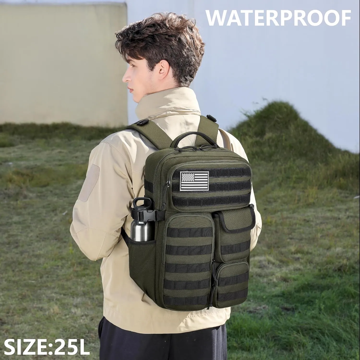 Wotony Tactical Backpack - Military waterproof backpack with multiple pockets and tactical gear for the outdoors (army green, 25L)