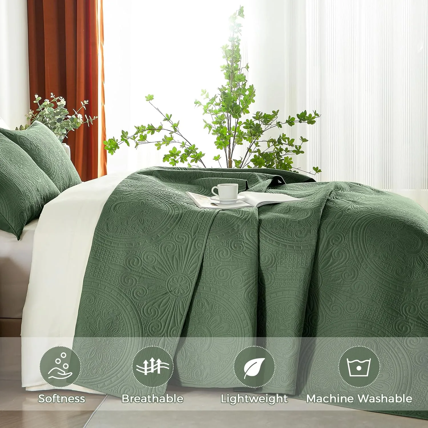 WURUIBO King/Cal King Quilt Set Olive Green,Ultrasonic Embossed Bedspread, Lightweight Microfiber Coverlet, Modern Thin Bedding Set for All Season, 3 Piece(1 Quilt,2 Pillow Shams)