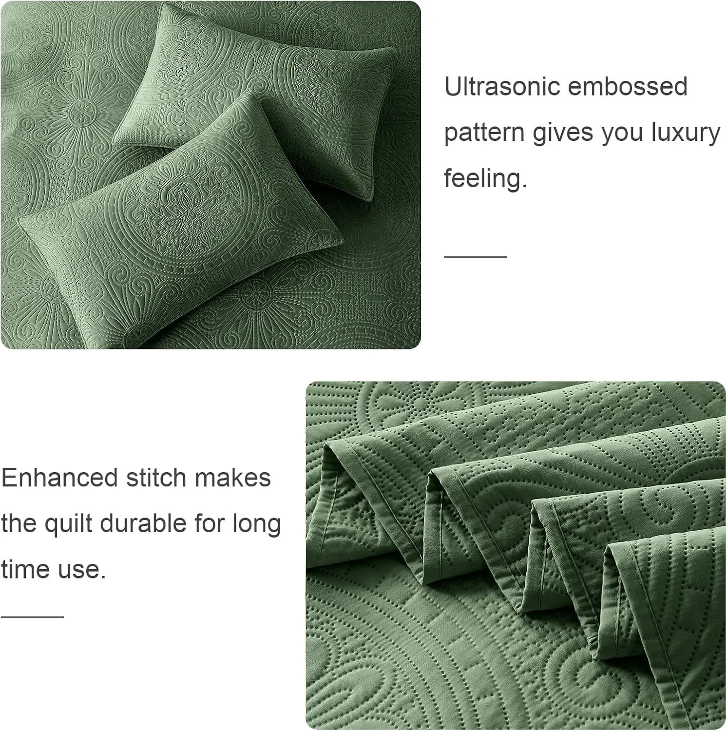 WURUIBO King/Cal King Quilt Set Olive Green,Ultrasonic Embossed Bedspread, Lightweight Microfiber Coverlet, Modern Thin Bedding Set for All Season, 3 Piece(1 Quilt,2 Pillow Shams)