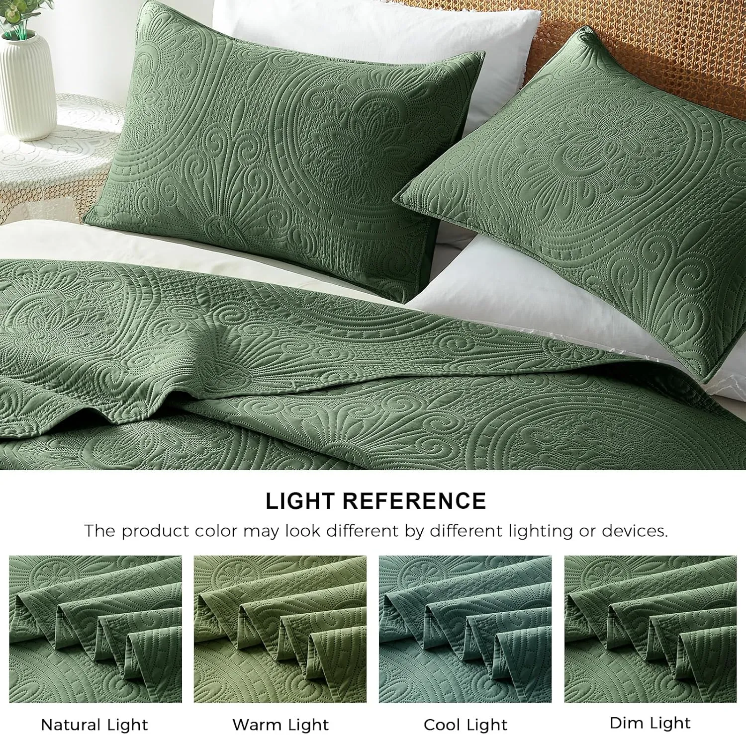 WURUIBO King/Cal King Quilt Set Olive Green,Ultrasonic Embossed Bedspread, Lightweight Microfiber Coverlet, Modern Thin Bedding Set for All Season, 3 Piece(1 Quilt,2 Pillow Shams)