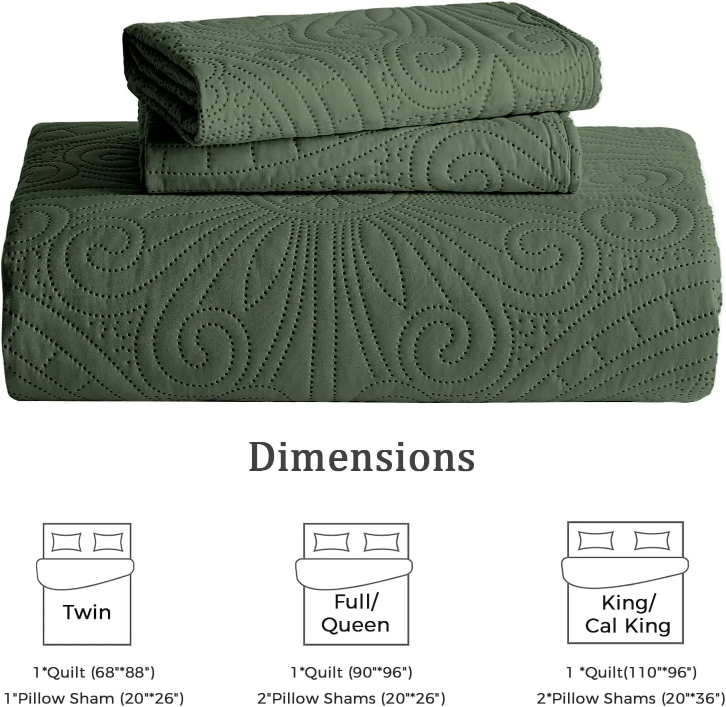 WURUIBO King/Cal King Quilt Set Olive Green,Ultrasonic Embossed Bedspread, Lightweight Microfiber Coverlet, Modern Thin Bedding Set for All Season, 3 Piece(1 Quilt,2 Pillow Shams)