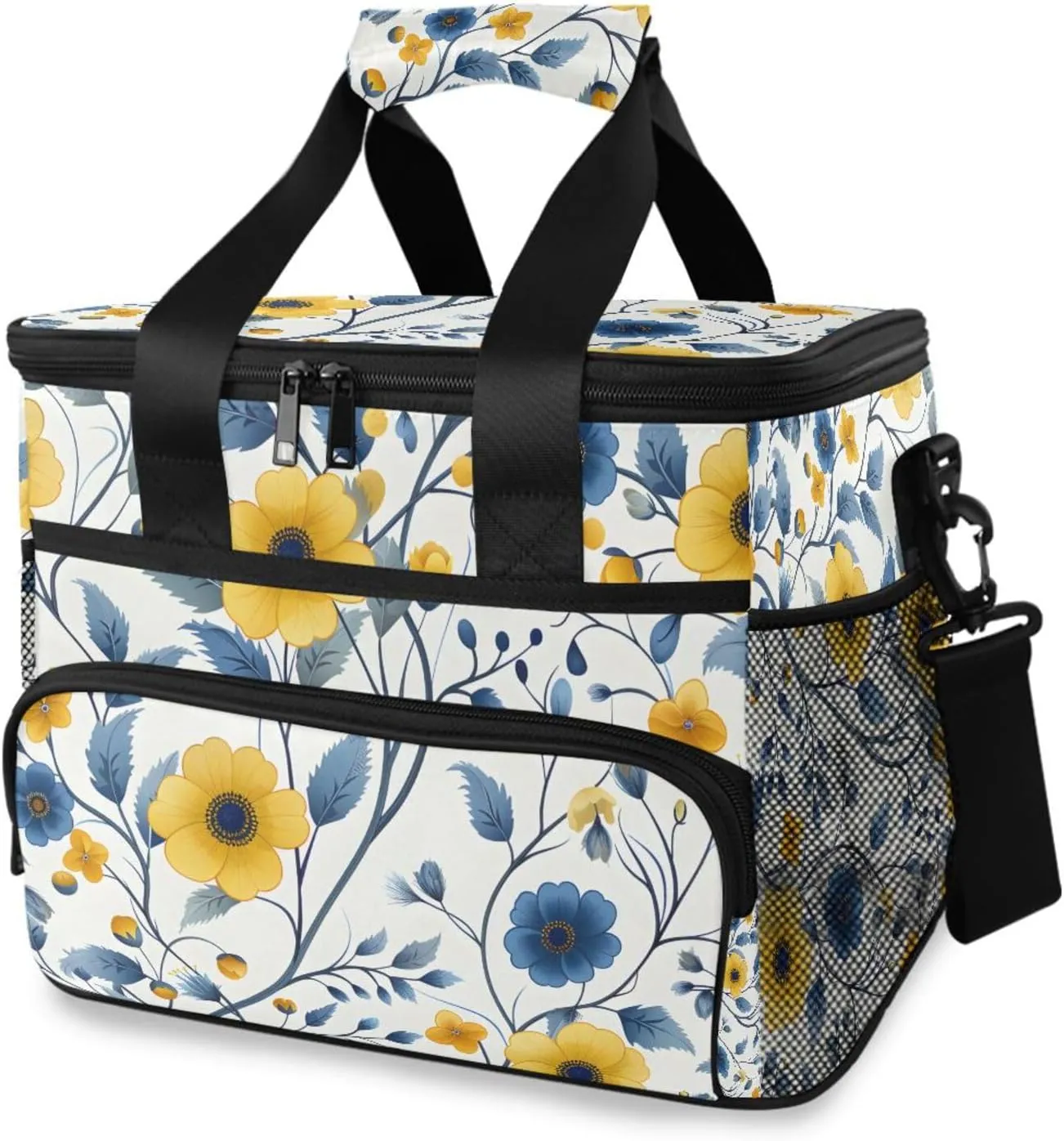 Yellow Flower Blue Leaf Cooler Bag Insulated Cooler Soft Sided Cooler 24 Can Portable Picnic Bag Large Leakproof Lunch Bag Box for Beach Grocery Camping Travel Car Men Women