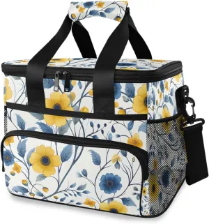 Yellow Flower Blue Leaf Cooler Bag Insulated Cooler Soft Sided Cooler 24 Can Portable Picnic Bag Large Leakproof Lunch Bag Box for Beach Grocery Camping Travel Car Men Women