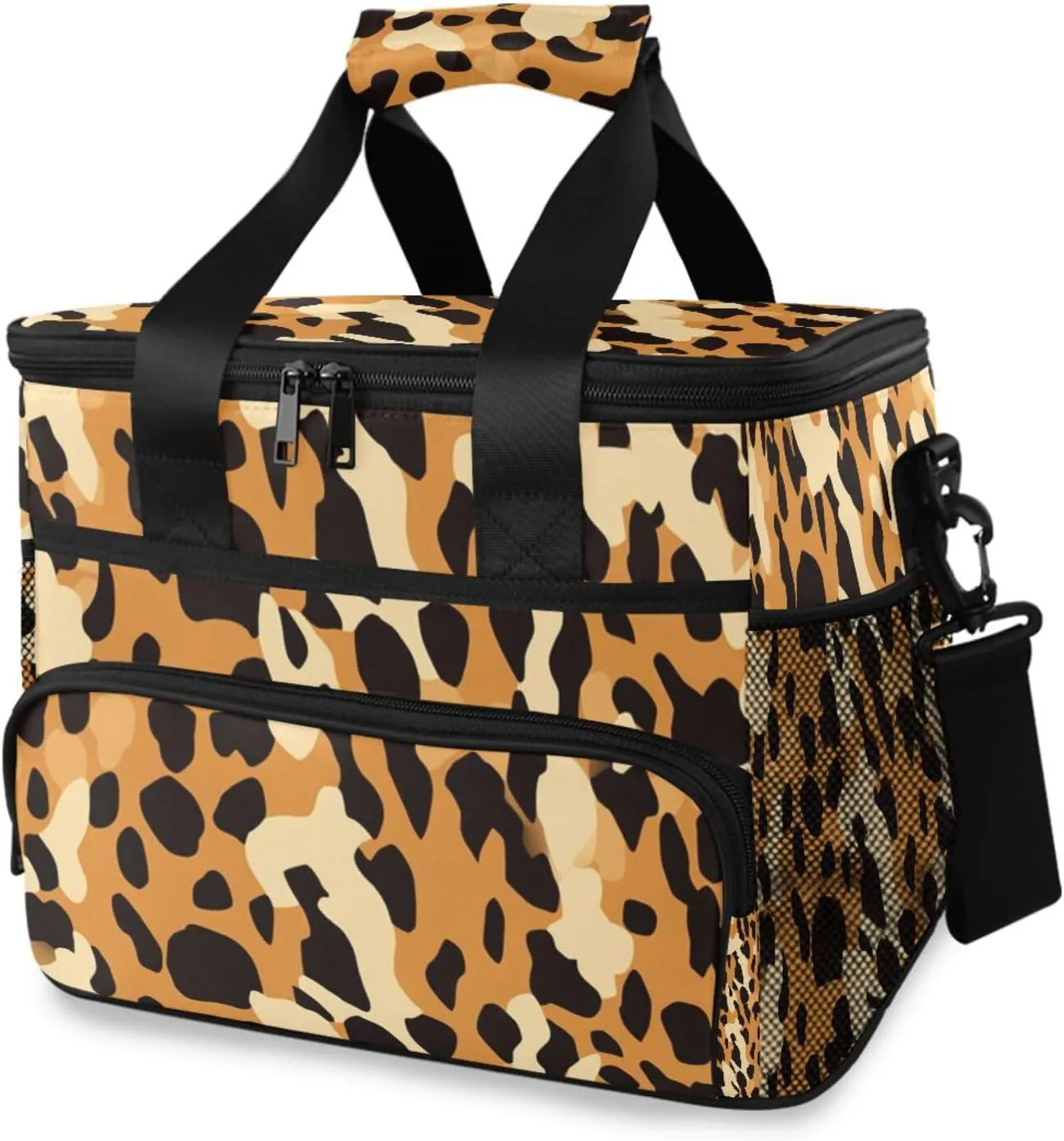 Yellow Leopard Pattern Cooler Bag Insulated Cooler Soft Sided Cooler 24 Can Portable Picnic Bag Large Leakproof Lunch Bag Box for Beach Grocery Camping Travel Car Men Women