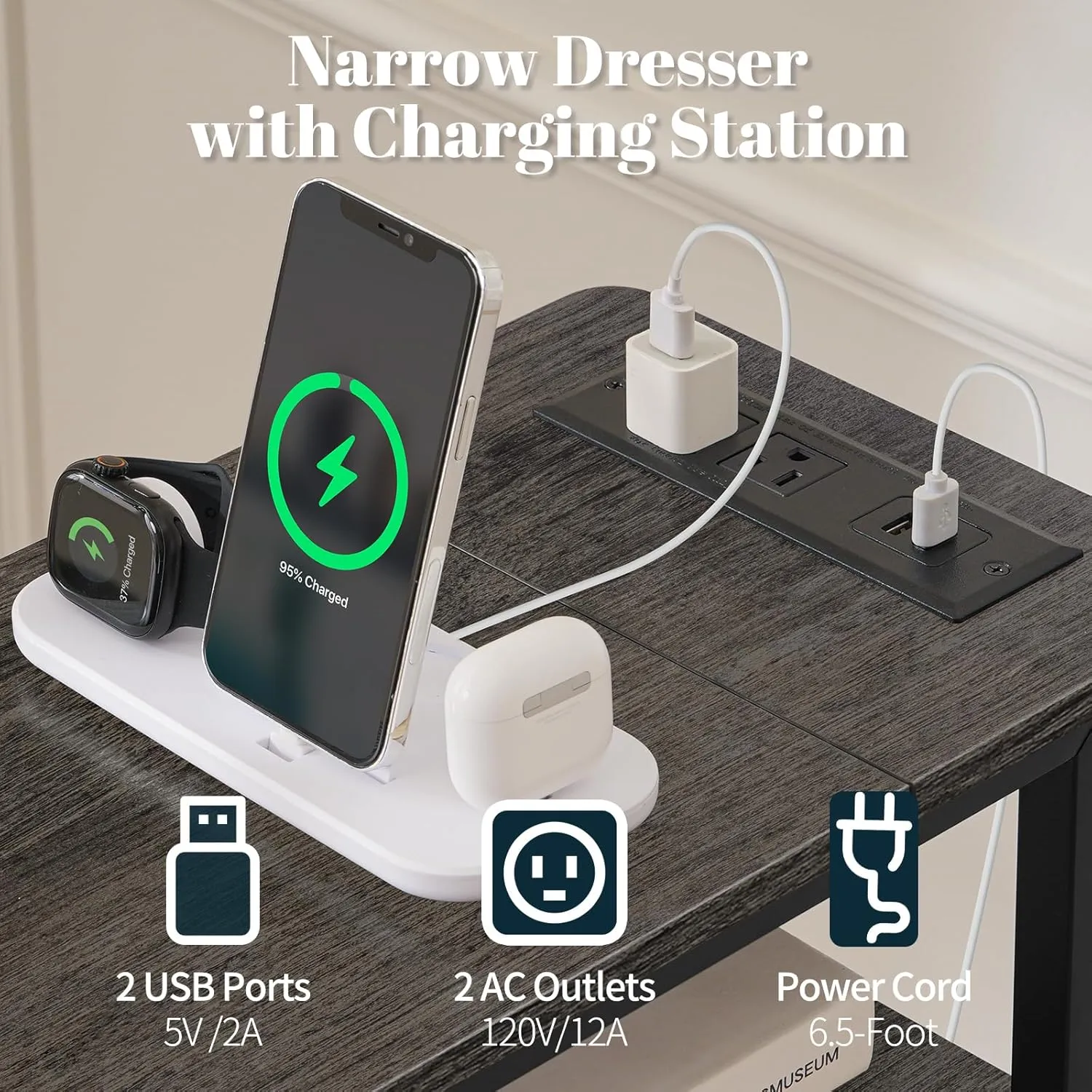 Yoobure Narrow Dresser for Bedroom, LED Skinny Nightstand with Charging Station, Small Dresser Night Stand, Slim Tall Bedside Table Storage Cabinet, Narrow Side Table for Small Spaces