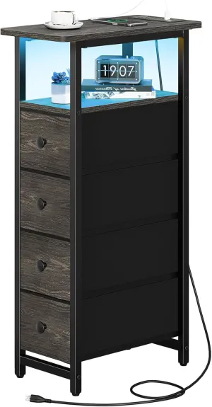 Yoobure Narrow Dresser for Bedroom, LED Skinny Nightstand with Charging Station, Small Dresser Night Stand, Slim Tall Bedside Table Storage Cabinet, Narrow Side Table for Small Spaces