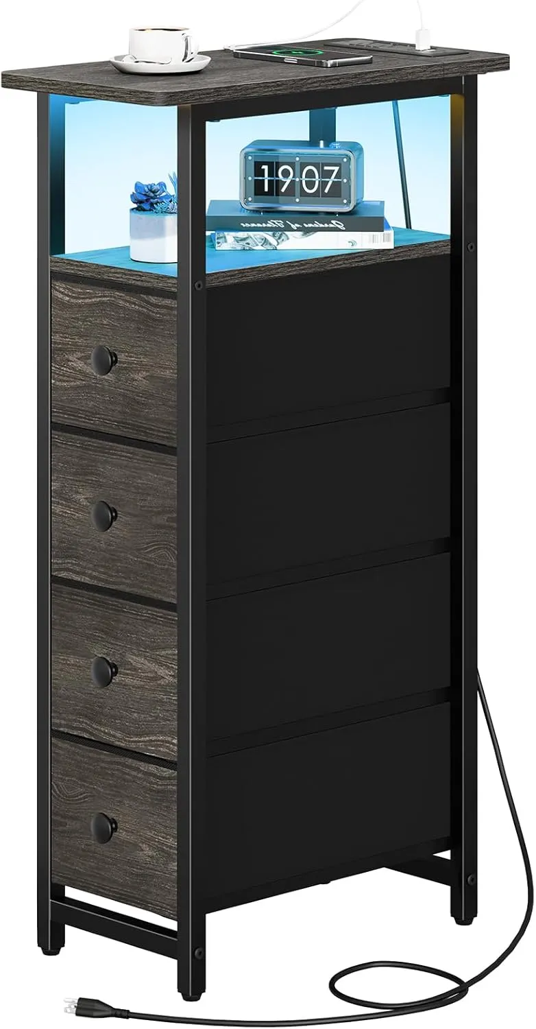 Yoobure Narrow Dresser for Bedroom, LED Skinny Nightstand with Charging Station, Small Dresser Night Stand, Slim Tall Bedside Table Storage Cabinet, Narrow Side Table for Small Spaces