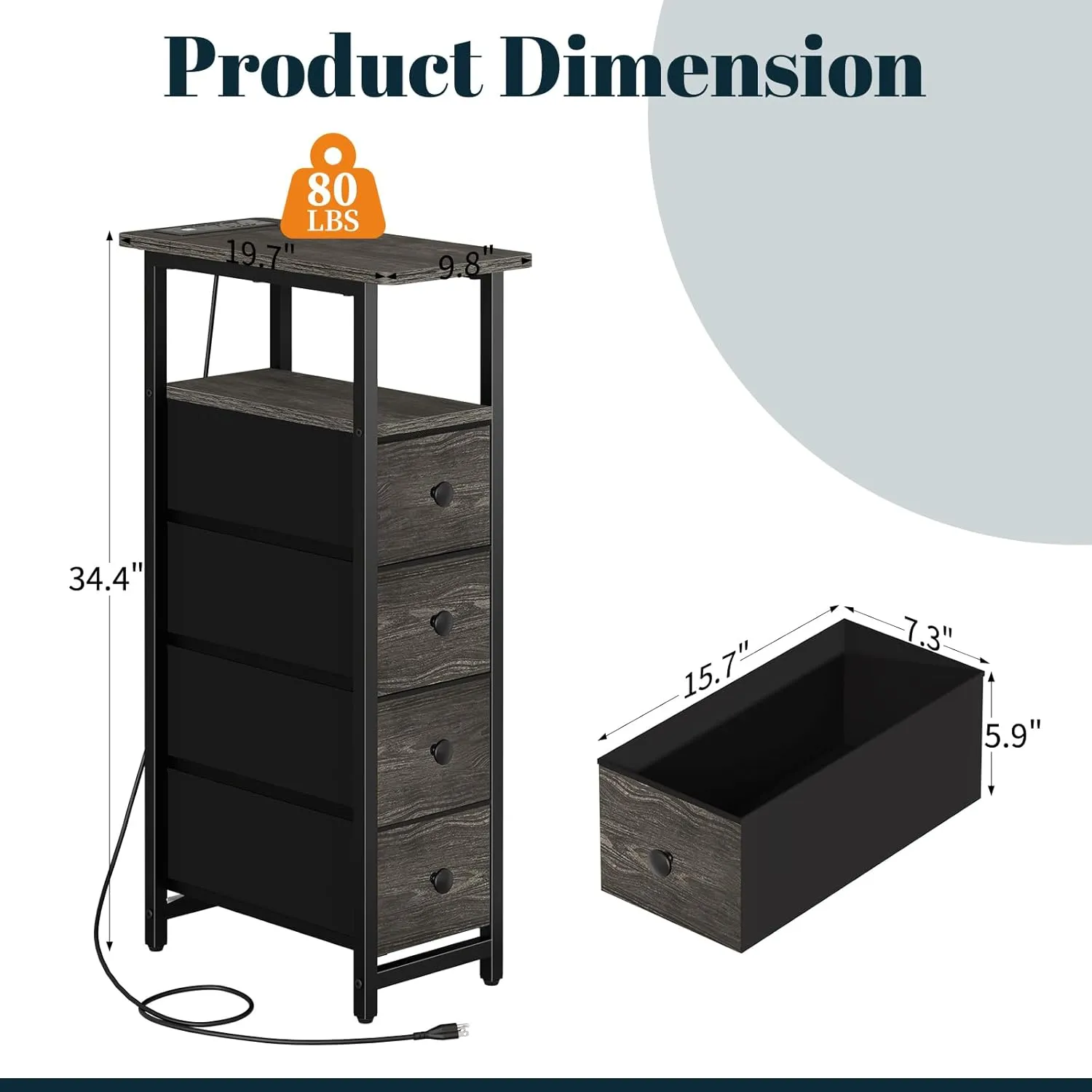 Yoobure Narrow Dresser for Bedroom, LED Skinny Nightstand with Charging Station, Small Dresser Night Stand, Slim Tall Bedside Table Storage Cabinet, Narrow Side Table for Small Spaces