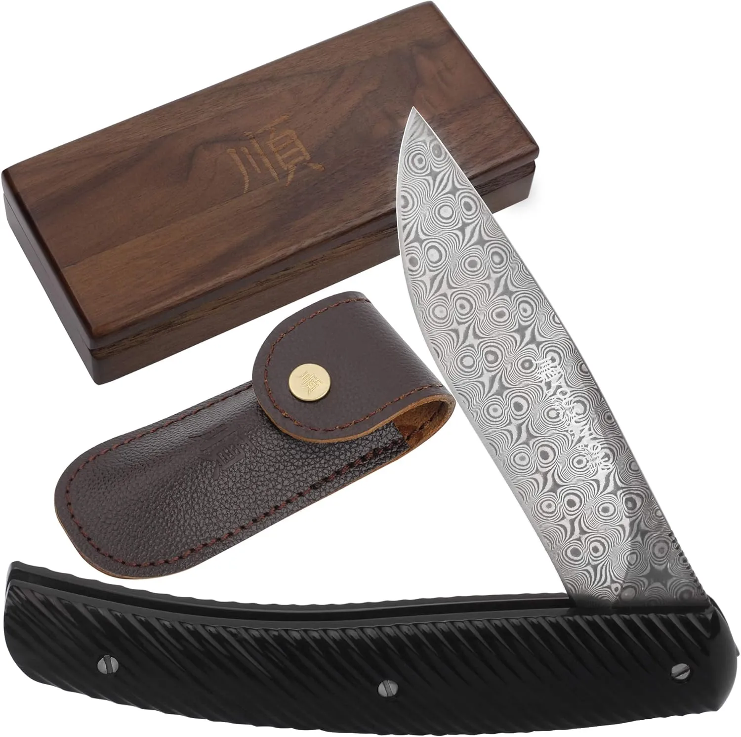 YOUSUNLONG Pocket Knife - Folding Knife - Overall 186mm Damascus Steel Blade for Camping Hunting - Include Leather sheath and walnut wooden Knife Box - Natural Buffalo Horn Handle