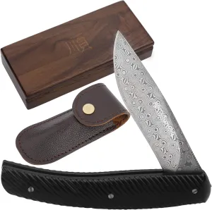 YOUSUNLONG Pocket Knife - Folding Knife - Overall 186mm Damascus Steel Blade for Camping Hunting - Include Leather sheath and walnut wooden Knife Box - Natural Buffalo Horn Handle