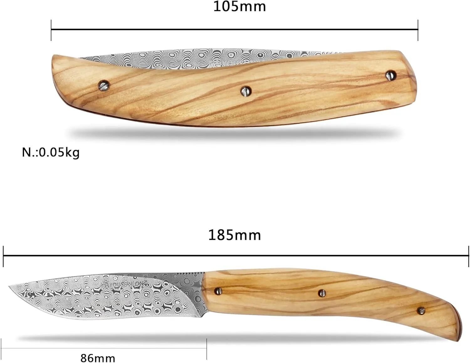 YOUSUNLONG Pocket Knife - Utility Knife Overall 186mm - Japanese Damascus Steel Blade - Natural Olive Handle with Leather sheath and natural walnut wooden knife box for camping hiking fishing