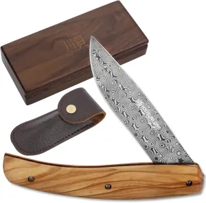 YOUSUNLONG Pocket Knife - Utility Knife Overall 186mm - Japanese Damascus Steel Blade - Natural Olive Handle with Leather sheath and natural walnut wooden knife box for camping hiking fishing
