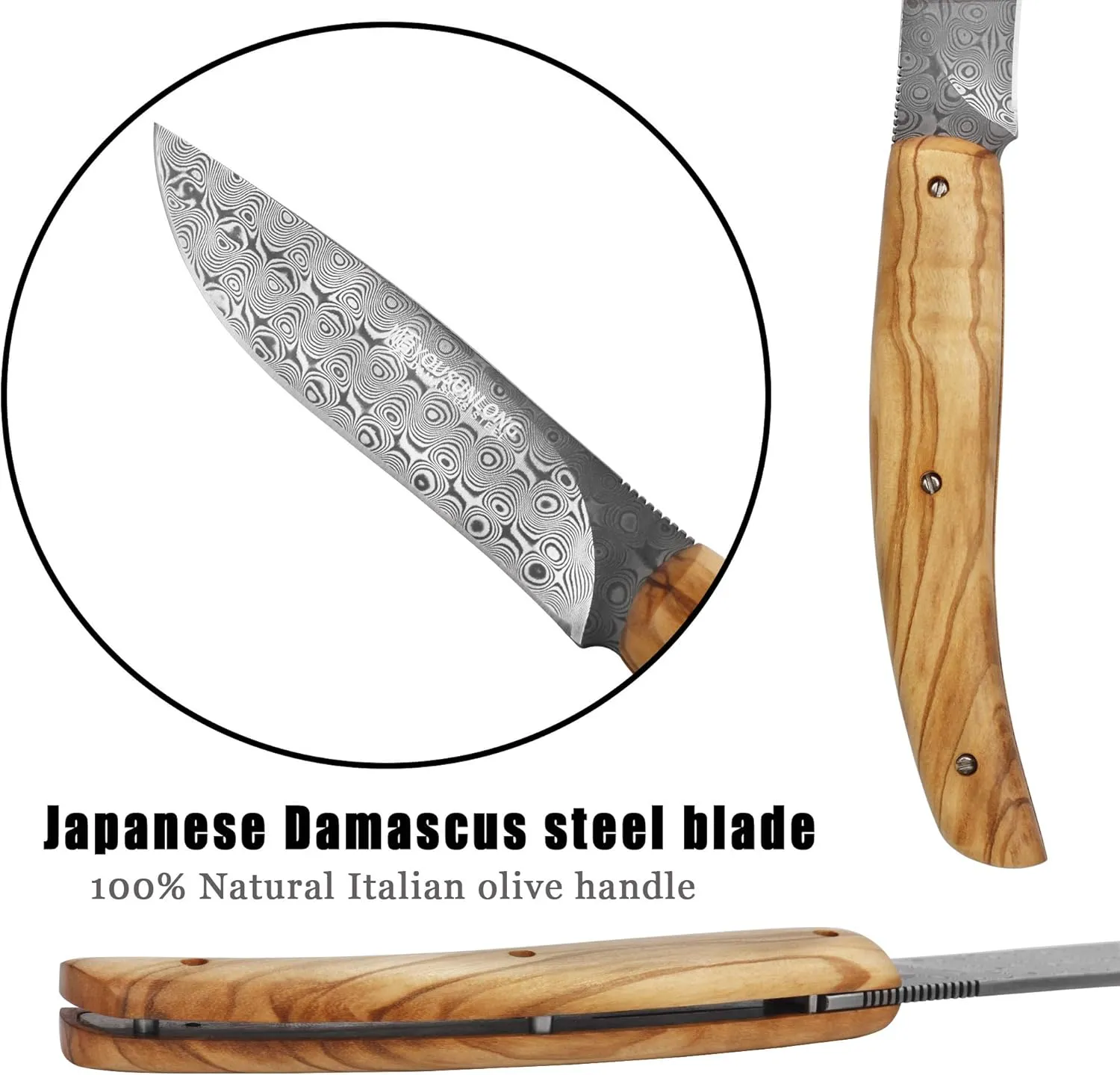 YOUSUNLONG Pocket Knife - Utility Knife Overall 186mm - Japanese Damascus Steel Blade - Natural Olive Handle with Leather sheath and natural walnut wooden knife box for camping hiking fishing