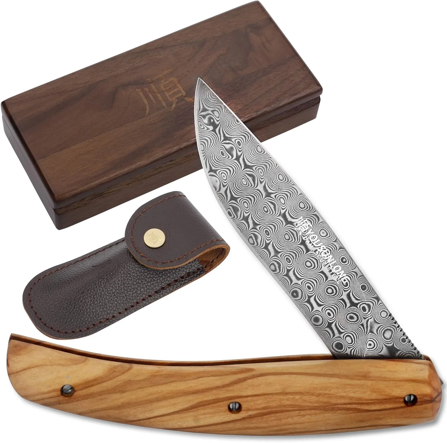 YOUSUNLONG Pocket Knife - Utility Knife Overall 186mm - Japanese Damascus Steel Blade - Natural Olive Handle with Leather sheath and natural walnut wooden knife box for camping hiking fishing