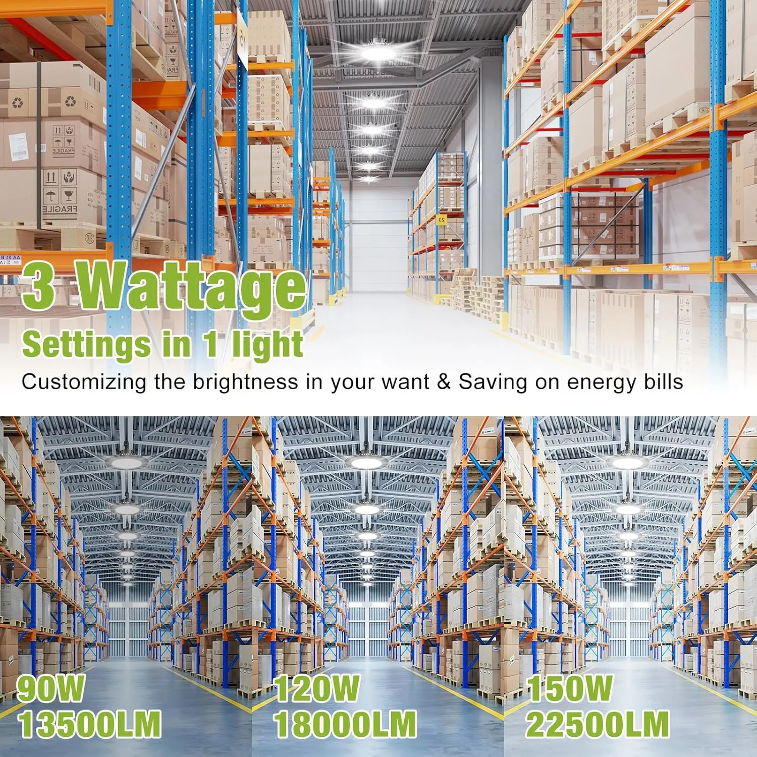 YXL 150W 6 Pack UFO LED Shop High Bay Lights, 22,500LM 5000K, 0-10V Dimmable, US Plug 5' Cable, 100-277V Warehouse Lighting, UL Listed