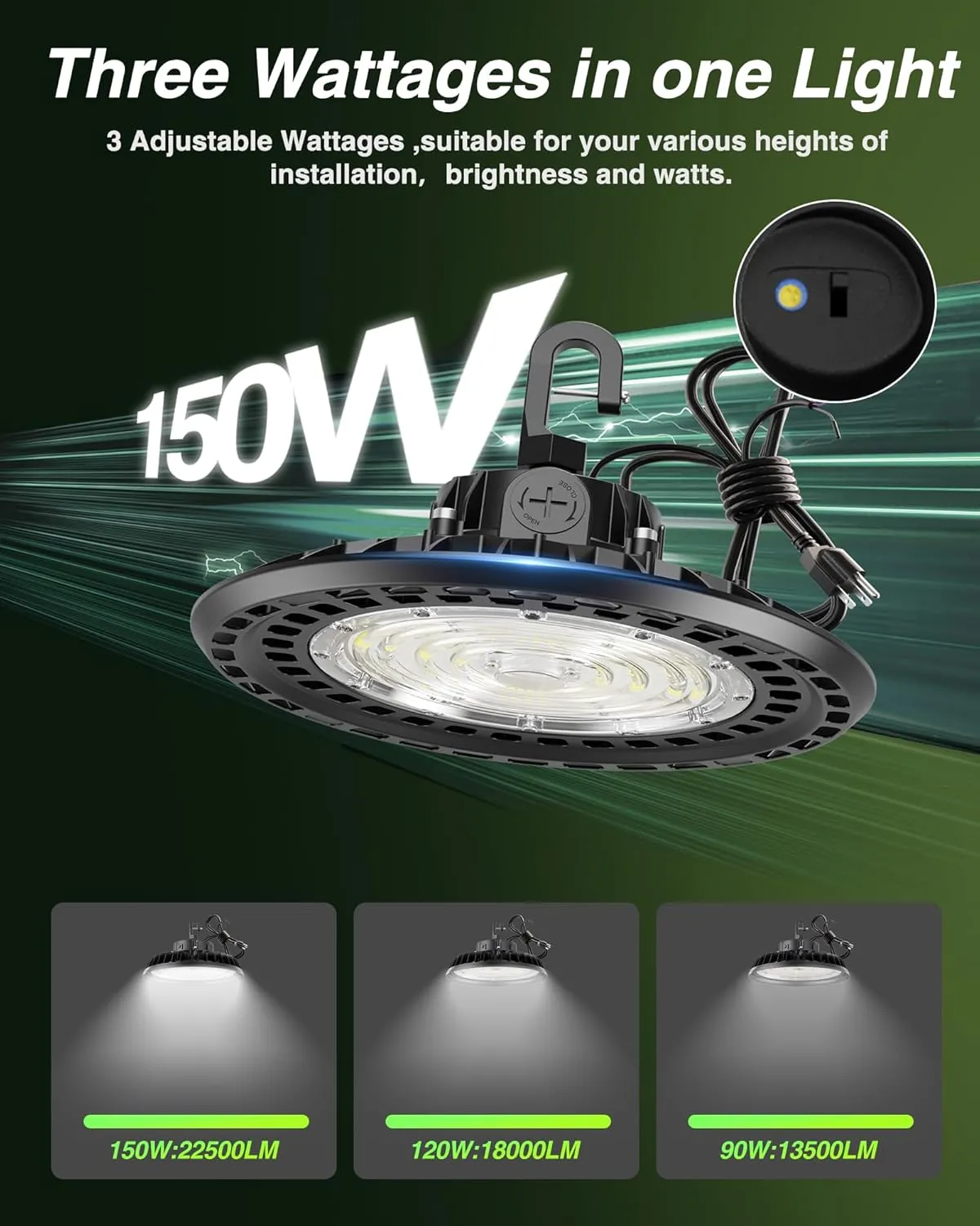 YXL 150W 6 Pack UFO LED Shop High Bay Lights, 22,500LM 5000K, 0-10V Dimmable, US Plug 5' Cable, 100-277V Warehouse Lighting, UL Listed