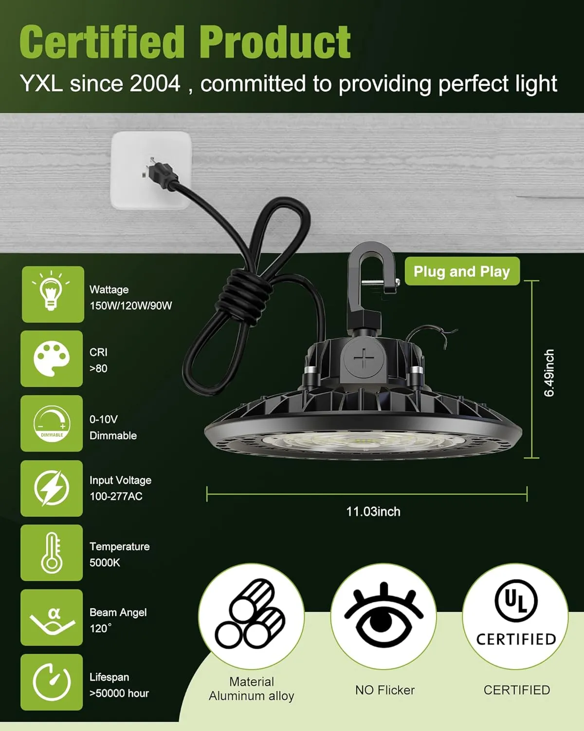 YXL 150W 6 Pack UFO LED Shop High Bay Lights, 22,500LM 5000K, 0-10V Dimmable, US Plug 5' Cable, 100-277V Warehouse Lighting, UL Listed