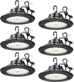 YXL 150W 6 Pack UFO LED Shop High Bay Lights, 22,500LM 5000K, 0-10V Dimmable, US Plug 5' Cable, 100-277V Warehouse Lighting, UL Listed