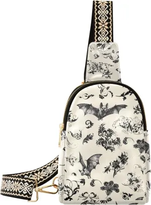 ZAZYXTJ Gothic Bat Flowers Crossbody Sling Bag for Women Leather Small Chest Bag Adjustable Straps Daypack for Travel Sport Hiking