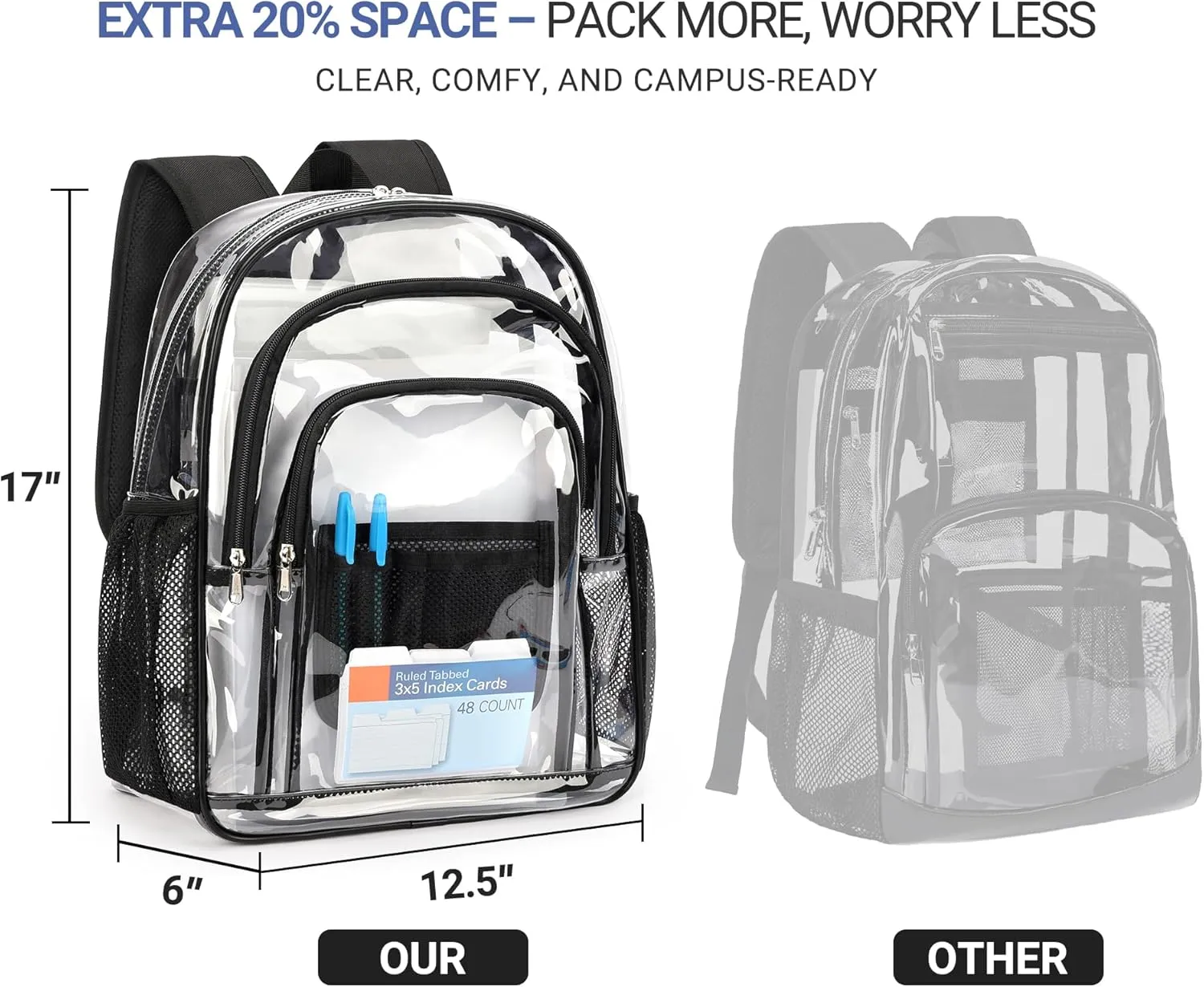 ZORFIN Clear Backpack Heavy Duty for School – 17in Transparent PVC Bag with Large Capacity & Reinforced Straps for Men, Women, Boys & Girls - See Through Bookbag for College Workplace Security, Black