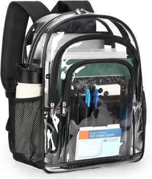 ZORFIN Clear Backpack Heavy Duty for School – 17in Transparent PVC Bag with Large Capacity & Reinforced Straps for Men, Women, Boys & Girls - See Through Bookbag for College Workplace Security, Black