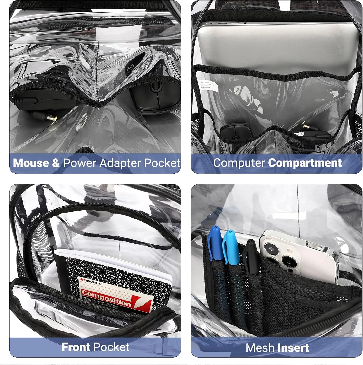 ZORFIN Clear Backpack Heavy Duty for School – 17in Transparent PVC Bag with Large Capacity & Reinforced Straps for Men, Women, Boys & Girls - See Through Bookbag for College Workplace Security, Black