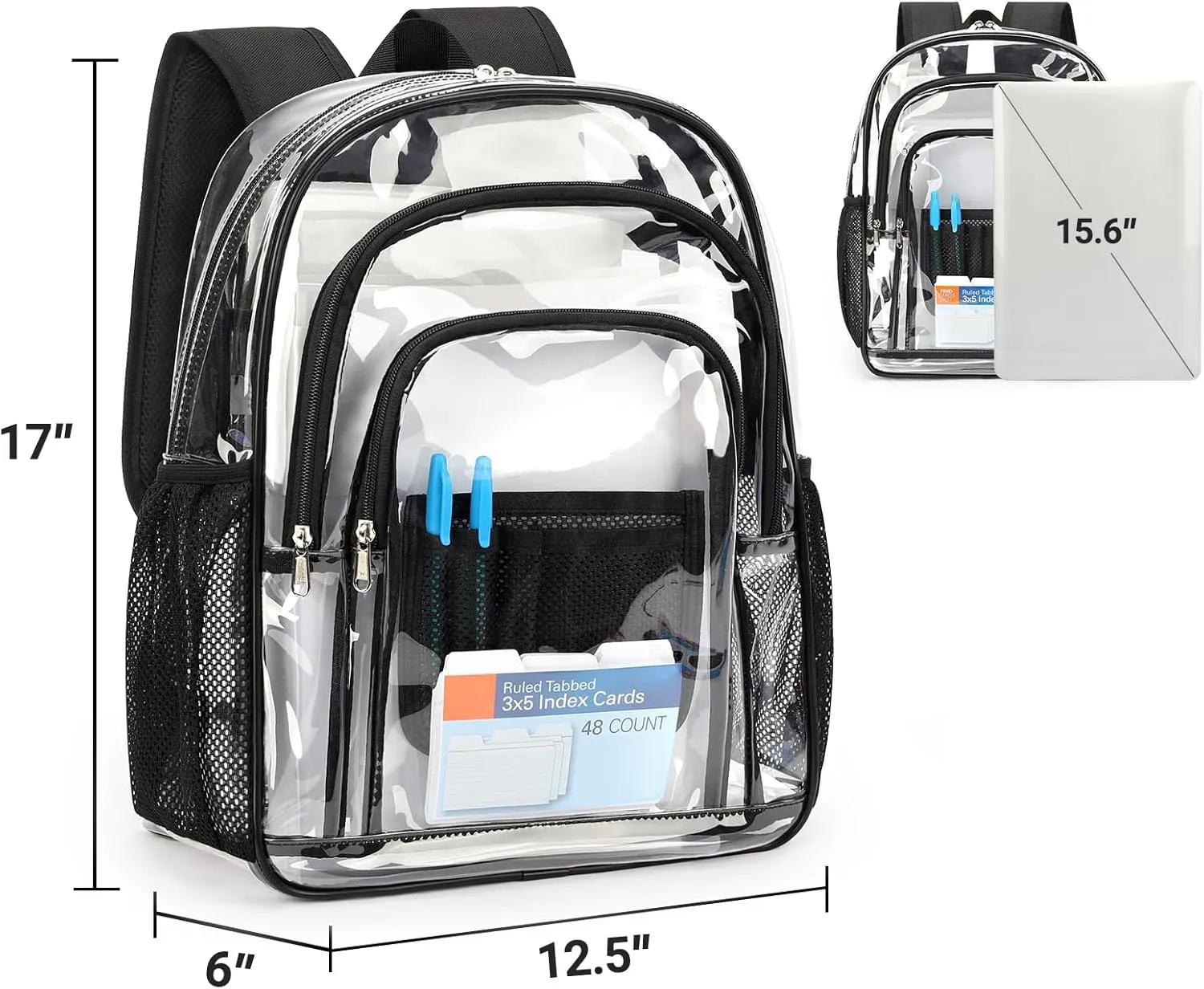ZORFIN Clear Backpack Heavy Duty for School – 17in Transparent PVC Bag with Large Capacity & Reinforced Straps for Men, Women, Boys & Girls - See Through Bookbag for College Workplace Security, Black
