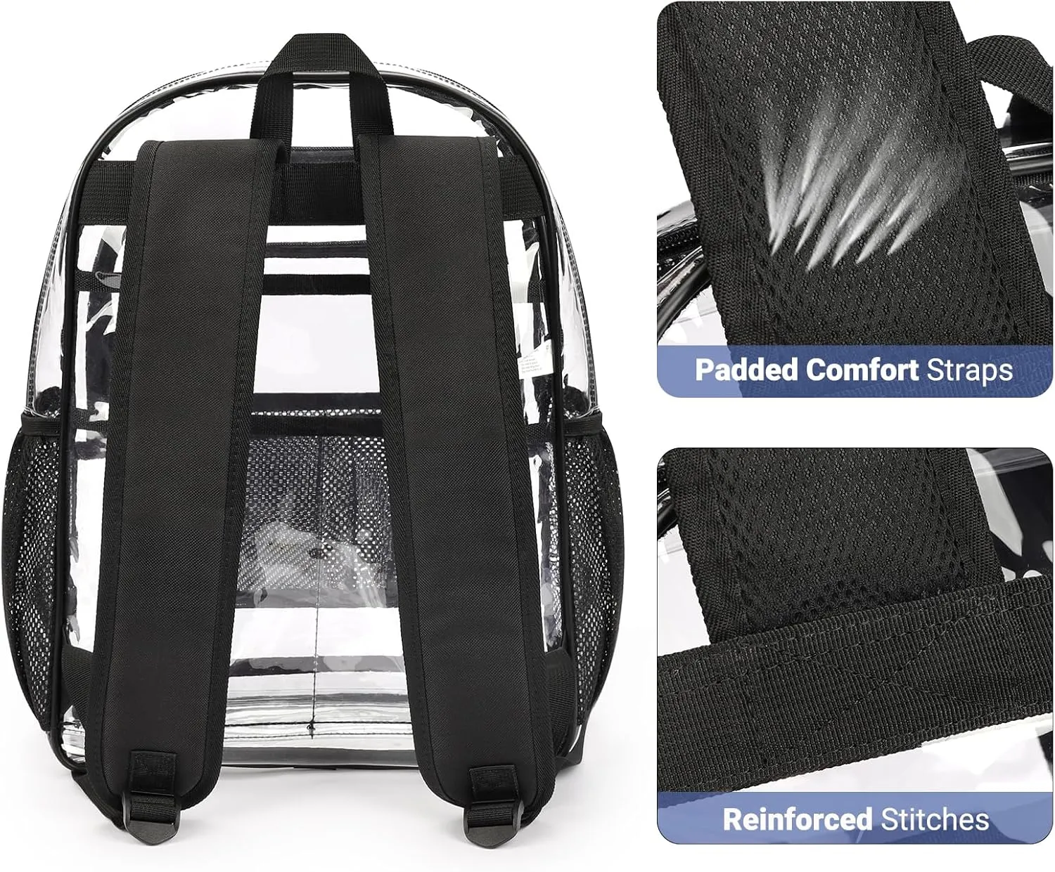 ZORFIN Clear Backpack Heavy Duty for School – 17in Transparent PVC Bag with Large Capacity & Reinforced Straps for Men, Women, Boys & Girls - See Through Bookbag for College Workplace Security, Black