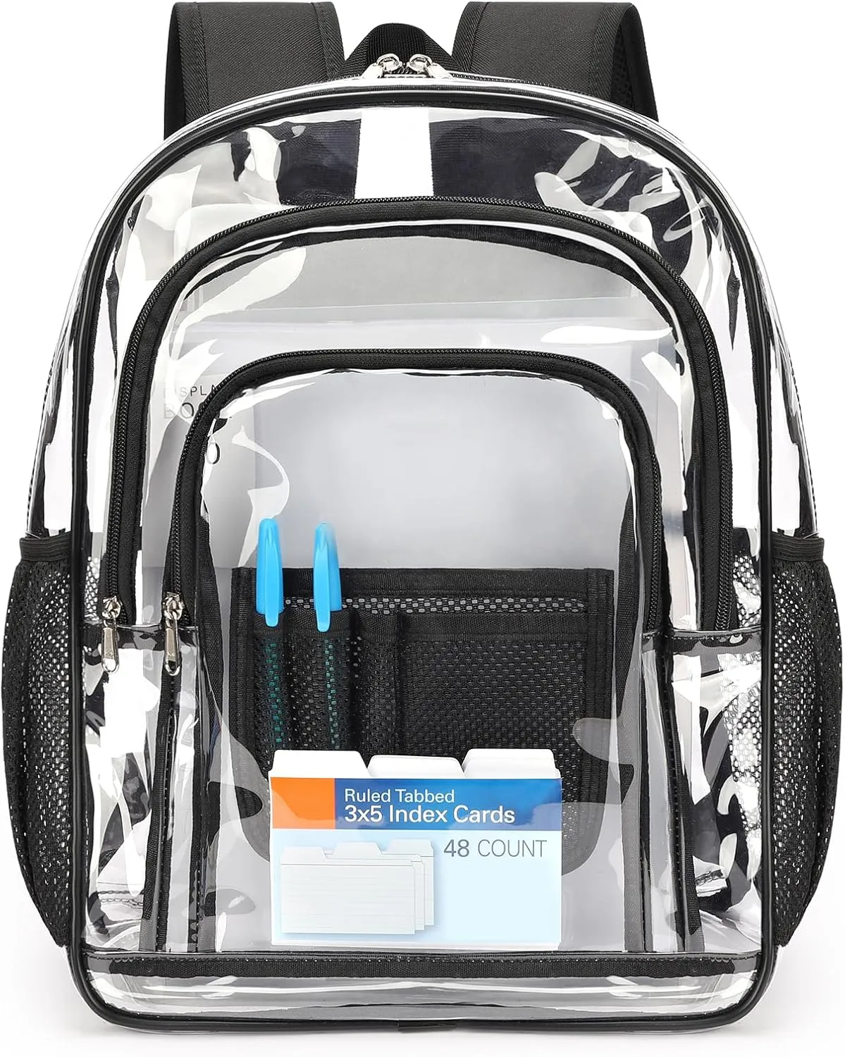 ZORFIN Clear Backpack Heavy Duty for School – 17in Transparent PVC Bag with Large Capacity & Reinforced Straps for Men, Women, Boys & Girls - See Through Bookbag for College Workplace Security, Black